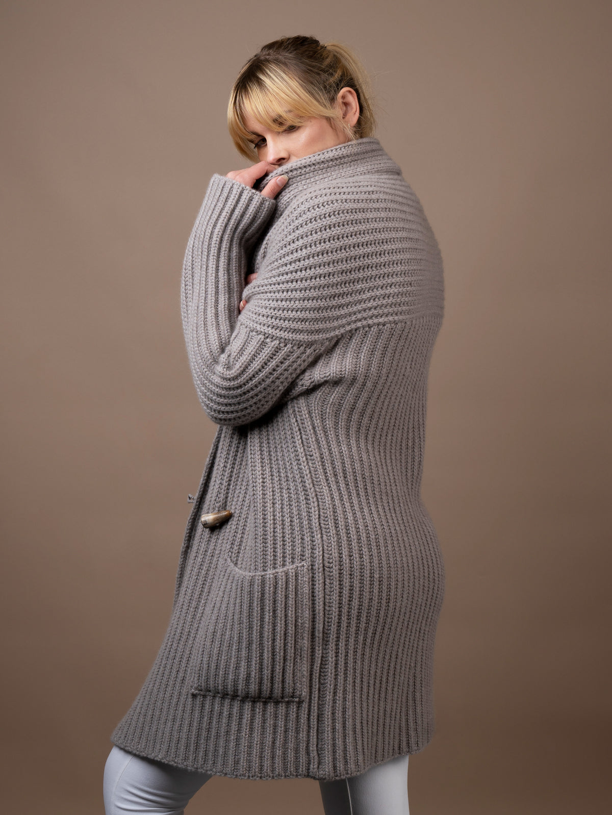 Ladies Cashmere Shawl Cardigan Wrap Jumper in mushroom. 100% cashmere handmade under the Royal Warrant in the UK. This is Cashmere at it&#39;s finest. 
