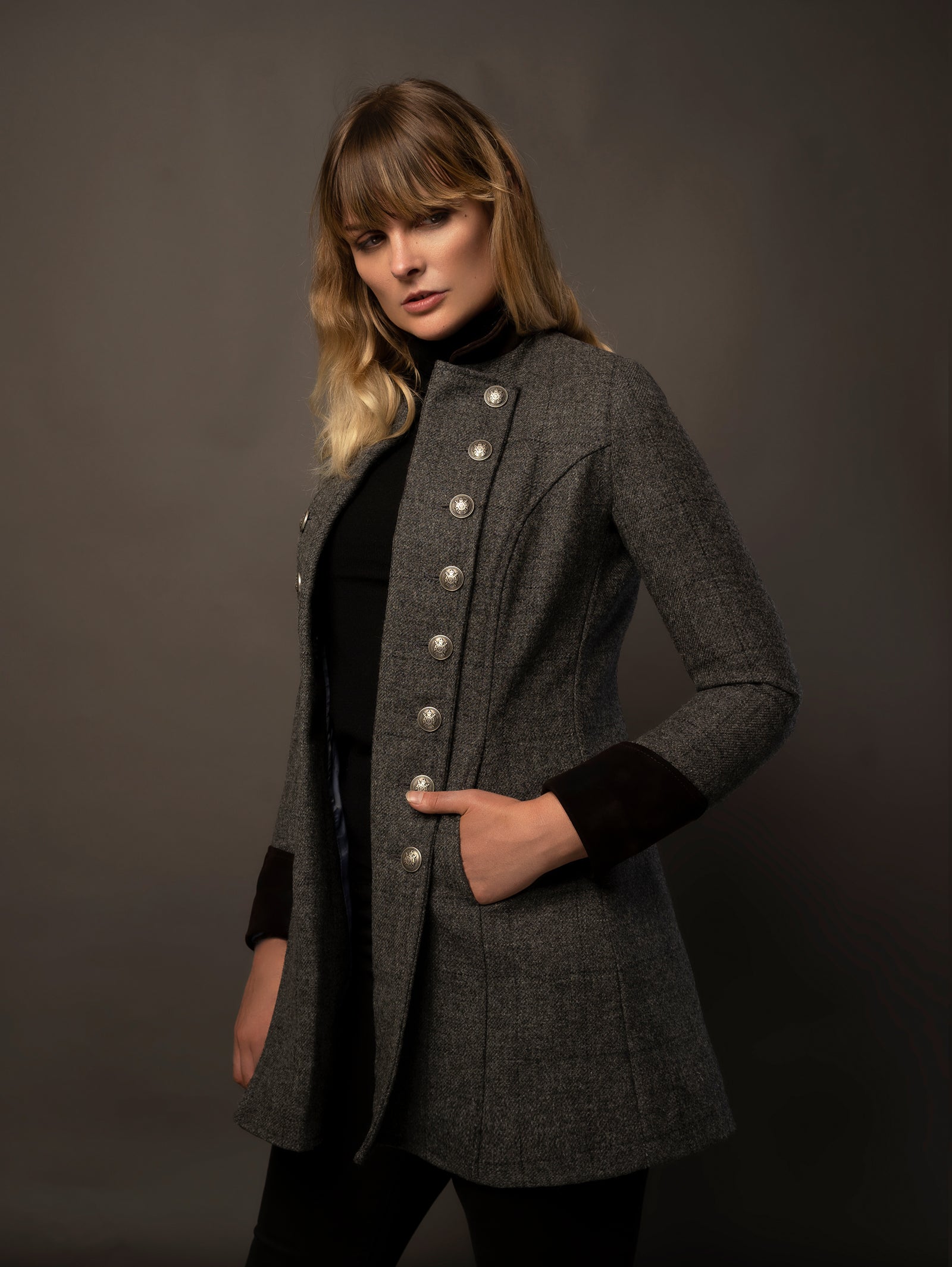 grey tweed and suede coat in a military style. made in the uk