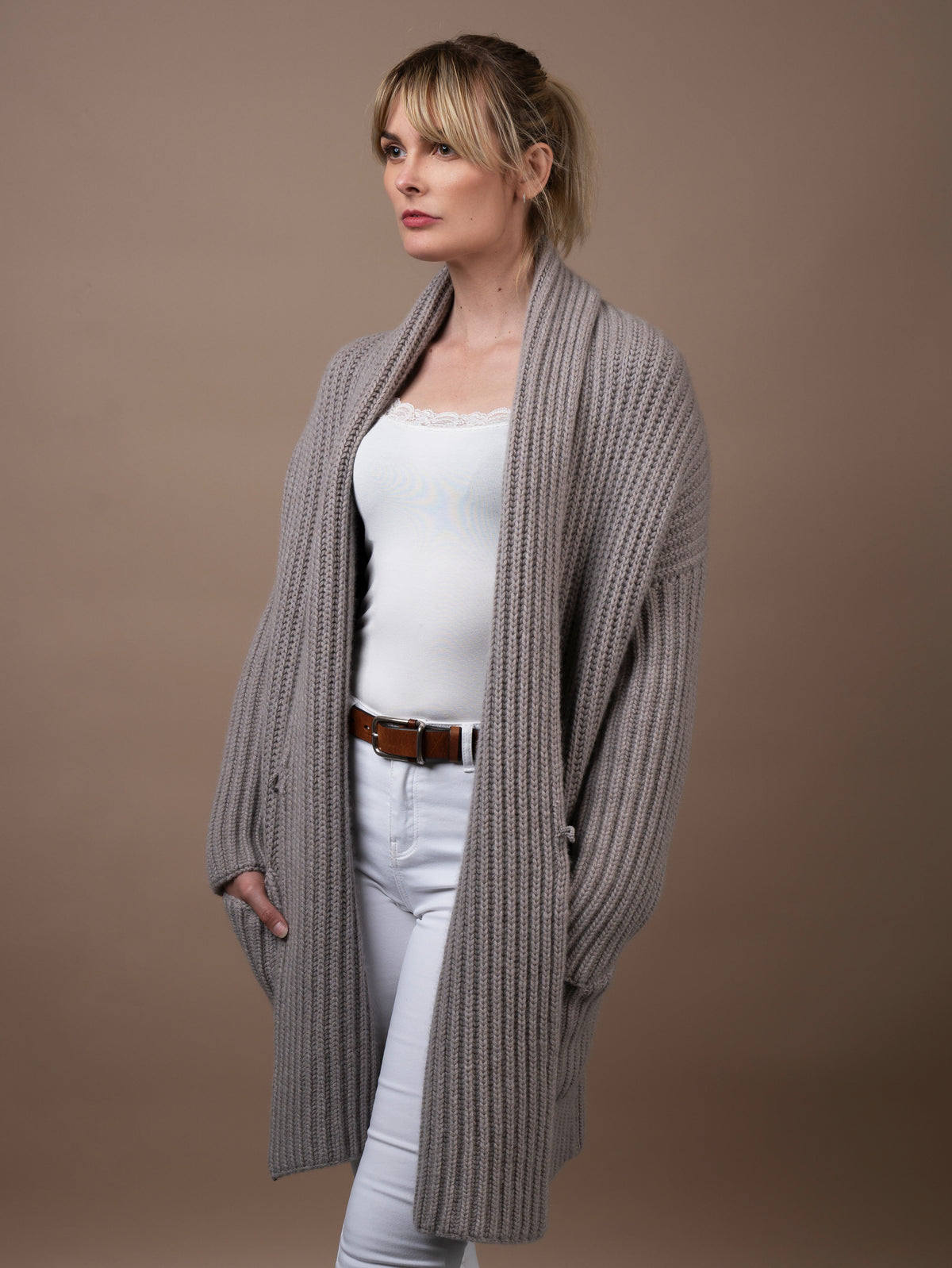 Ladies Cashmere Shawl Cardigan Wrap Jumper in mushroom. 100% cashmere handmade under the Royal Warrant in the UK. This is Cashmere at it&#39;s finest. 