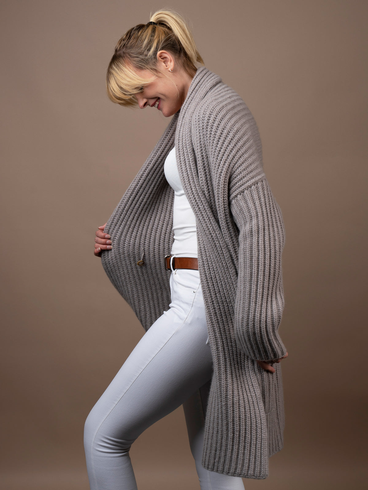 Ladies Cashmere Shawl Cardigan Wrap Jumper in mushroom. 100% cashmere handmade under the Royal Warrant in the UK. This is Cashmere at it&#39;s finest. 