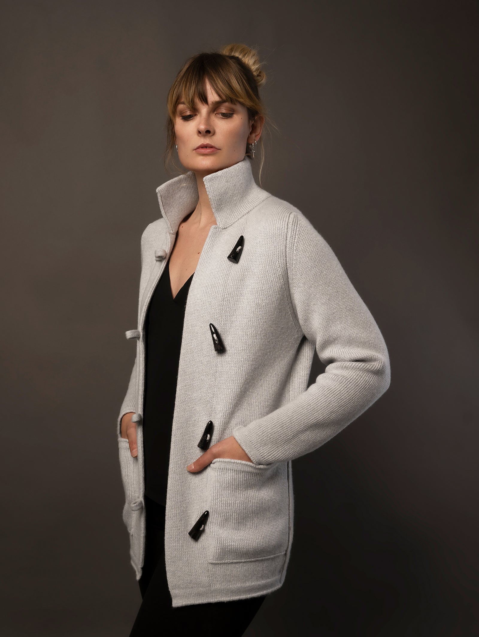 Ladies Cashmere Duffle Coat in Light Grey. 100% cashmere handmade under the Royal Warrant in the UK. This is Cashmere at it's finest. 